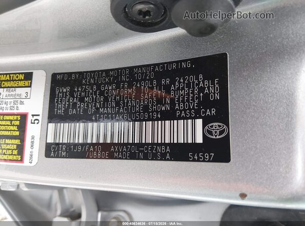 4T1C11AK6LU509194 2020 TOYOTA CAMRY Серебряный Вид подкапотного пространства