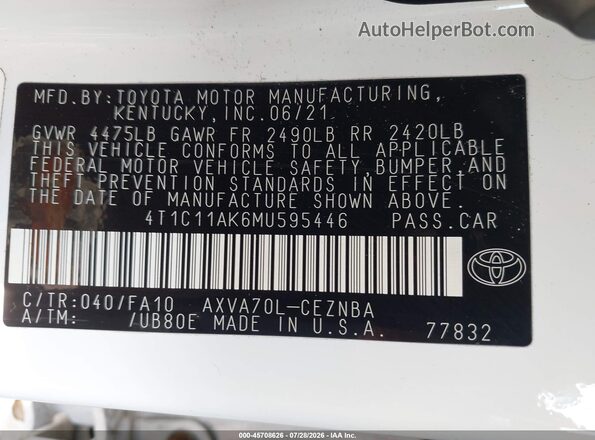 4T1C11AK6MU595446 2021 TOYOTA CAMRY White Widok komory silnika
