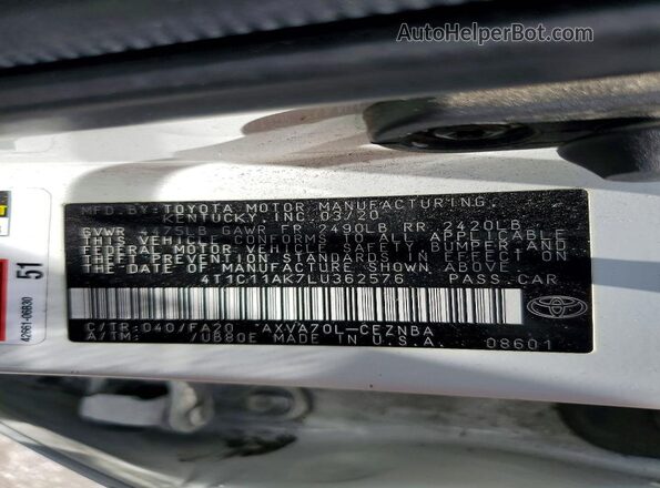 4T1C11AK7LU362576 2020 TOYOTA CAMRY Белый Вид подкапотного пространства
