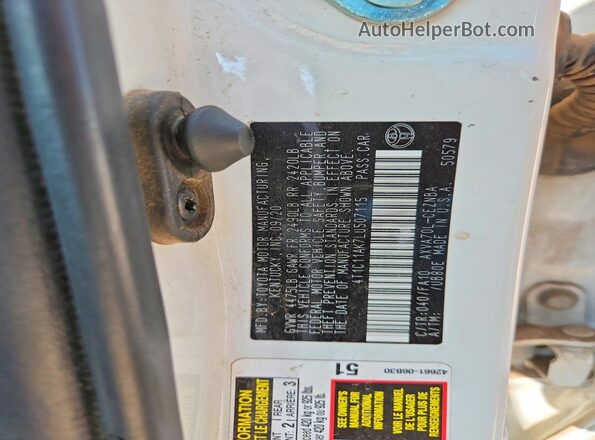 4T1C11AK7LU507115 2020 TOYOTA CAMRY White Widok naklejki z numerem VIN