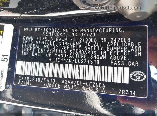 4T1C11AK7LU974518 2020 TOYOTA CAMRY Black Вид підкапотного простору