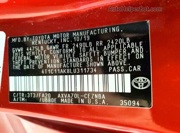 4T1C11AK8LU311734 2020 TOYOTA CAMRY Red Widok komory silnika