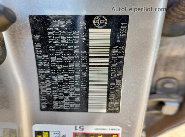 4T1C11AK8LU935906 2020 TOYOTA CAMRY Silver VIN კოდის სტიკერის ხედი