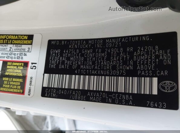 4T1C11AKXNU630975 2022 TOYOTA CAMRY White Вид підкапотного простору