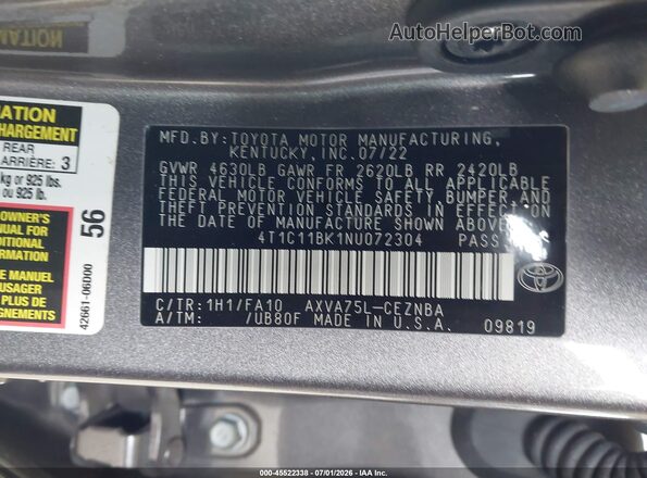 4T1C11BK1NU072304 2022 TOYOTA CAMRY Silver Widok komory silnika