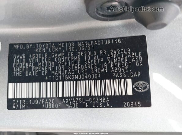 4T1C11BK2MU040394 2021 TOYOTA CAMRY Silver Շարժիչի բաժամունքի տեսք