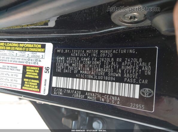 4T1C11BK3LU018094 2020 TOYOTA CAMRY Black Вид підкапотного простору