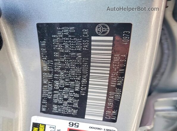 4T1C11BK4LU009470 2020 TOYOTA CAMRY Серебряный Вид наклейки с VIN-кодом