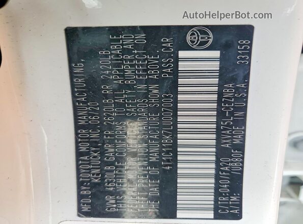 4T1C11BK7LU007003 2020 TOYOTA CAMRY White Widok komory silnika