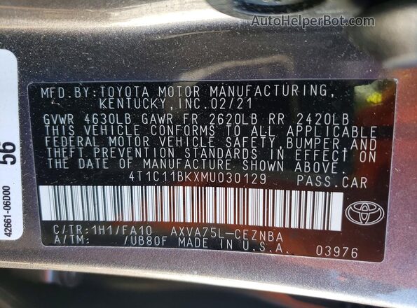 4T1C11BKXMU030129 2021 TOYOTA CAMRY Gray Շարժիչի բաժամունքի տեսք