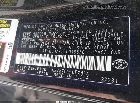 4T1C31AK7LU019678 2020 TOYOTA CAMRY Черный Вид подкапотного пространства
