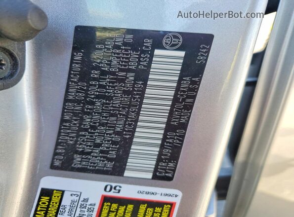 4T1C31AK9LU541194 2020 TOYOTA CAMRY Silver Շարժիչի բաժամունքի տեսք