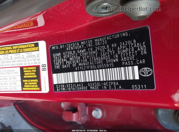 4T1CZ1FB0LU055915 2020 TOYOTA AVALON Red Engine compartment view
