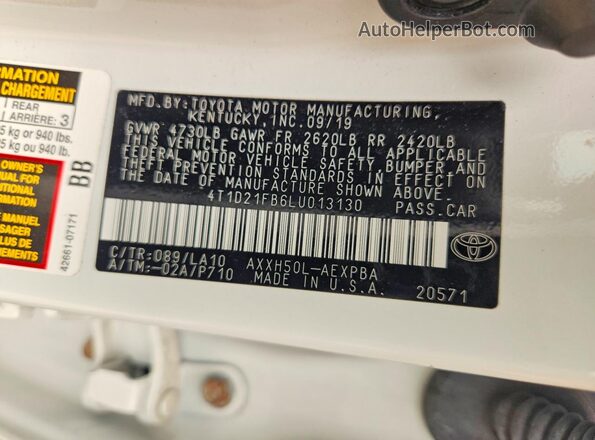 4T1D21FB6LU013130 2020 TOYOTA AVALON Белый Вид наклейки с VIN-кодом