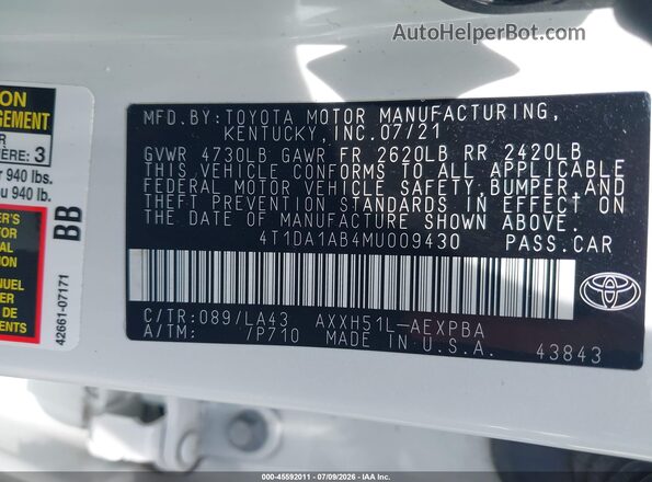 4T1DA1AB4MU009430 2021 TOYOTA AVALON White Widok komory silnika