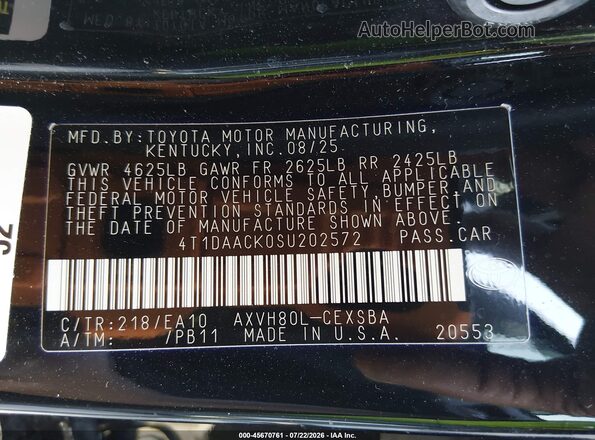 4T1DAACK0SU202572 2025 TOYOTA CAMRY Black ძრავის განყოფილების ხედი