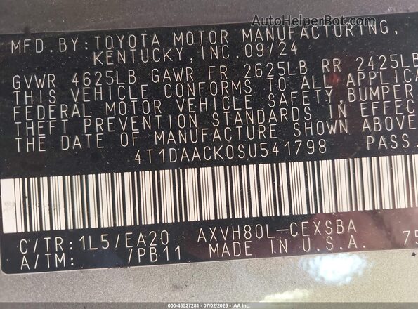 4T1DAACK0SU541798 2025 TOYOTA CAMRY Gray ძრავის განყოფილების ხედი