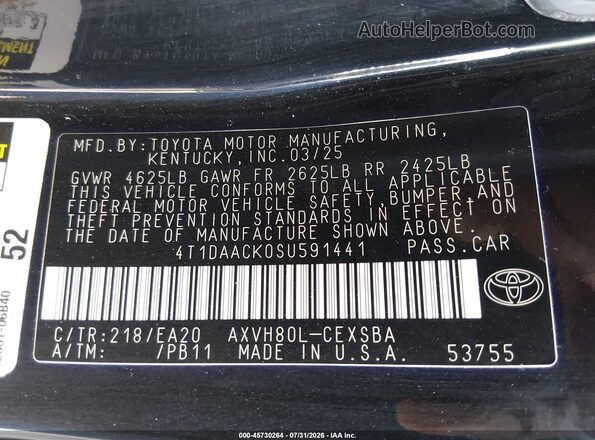 4T1DAACK0SU591441 2025 TOYOTA CAMRY Black Вид підкапотного простору