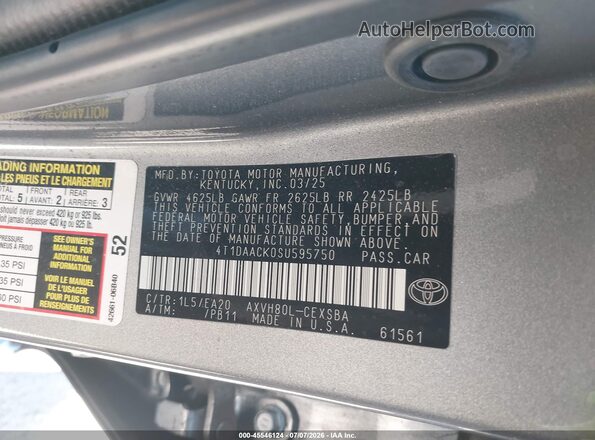 4T1DAACK0SU595750 2025 TOYOTA CAMRY Серый Вид подкапотного пространства