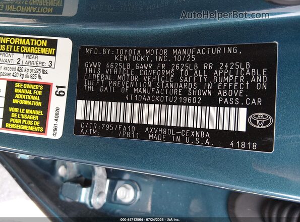 4T1DAACK0TU219602 2026 TOYOTA CAMRY Blue ძრავის განყოფილების ხედი