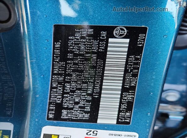 4T1DAACK0TU262207 2026 TOYOTA CAMRY Blue ძრავის განყოფილების ხედი