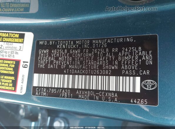 4T1DAACK0TU263082 2026 TOYOTA CAMRY Blue Vista del compartimento del motor