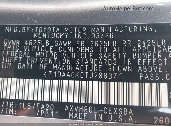 4T1DAACK0TU288371 2026 TOYOTA CAMRY Gray Widok komory silnika