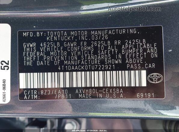 4T1DAACK0TU722921 2026 TOYOTA CAMRY Light Blue Vista del compartimento del motor