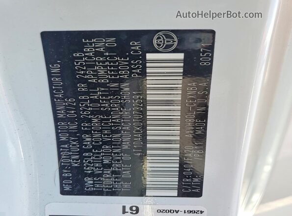 4T1DAACK0TU732591 2026 TOYOTA CAMRY White VIN sticker view