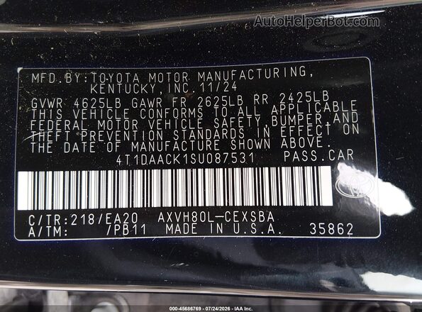 4T1DAACK1SU087531 2025 TOYOTA CAMRY Black Вид підкапотного простору