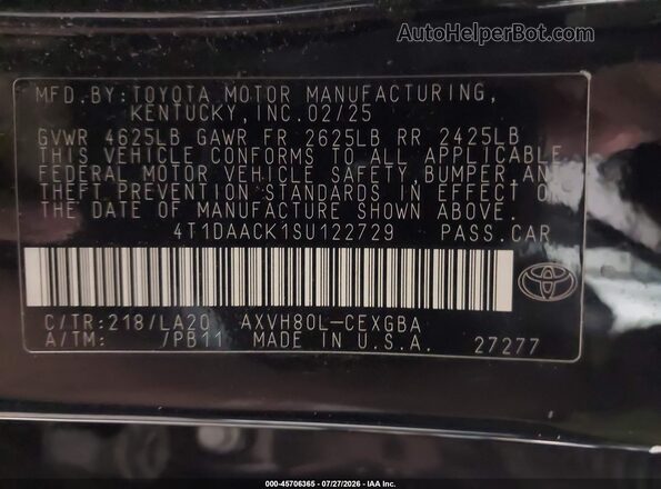 4T1DAACK1SU122729 2025 TOYOTA CAMRY Black Engine compartment view