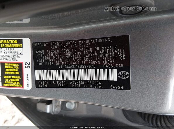 4T1DAACK1SU597670 2025 TOYOTA CAMRY Gray Widok komory silnika