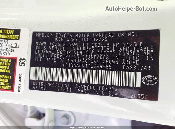 4T1DAACK1TU249465 2026 TOYOTA CAMRY White Widok komory silnika