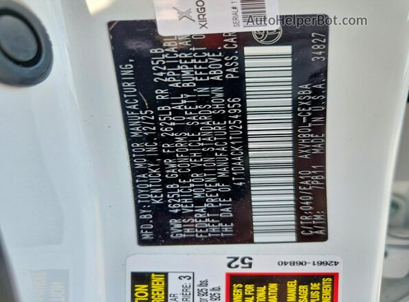 4T1DAACK1TU254956 2026 TOYOTA CAMRY White Вид підкапотного простору