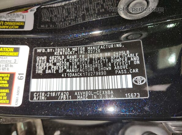 4T1DAACK1TU279890 2026 TOYOTA CAMRY Черный Вид наклейки с VIN-кодом