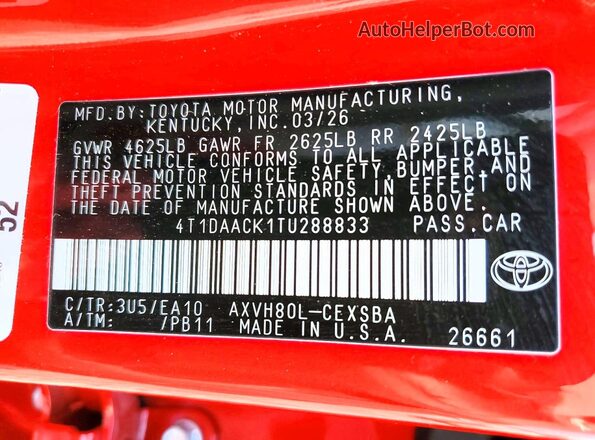 4T1DAACK1TU288833 2026 TOYOTA CAMRY Red Widok naklejki z numerem VIN