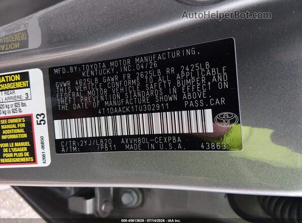 4T1DAACK1TU302911 2026 TOYOTA CAMRY Silver Engine compartment view