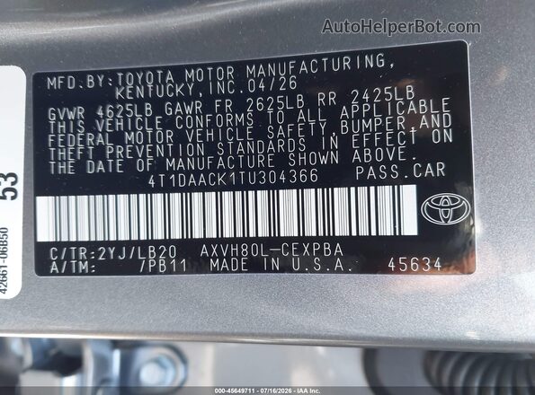 4T1DAACK1TU304366 2026 TOYOTA CAMRY Gray ძრავის განყოფილების ხედი