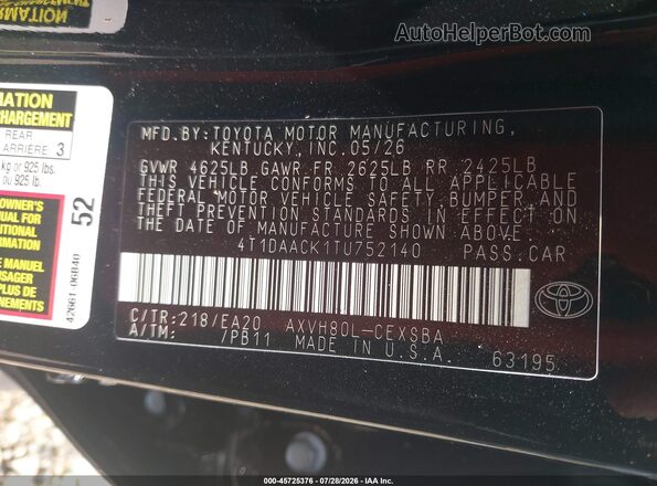 4T1DAACK1TU752140 2026 TOYOTA CAMRY Черный Вид подкапотного пространства