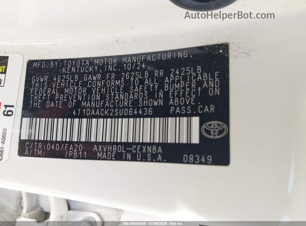4T1DAACK2SU064436 2025 TOYOTA CAMRY White Widok komory silnika
