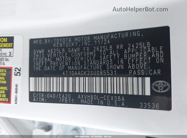 4T1DAACK2SU085531 2025 TOYOTA CAMRY White ძრავის განყოფილების ხედი