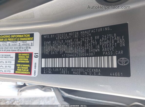 4T1DAACK2SU094987 2025 TOYOTA CAMRY Silver Շարժիչի բաժամունքի տեսք