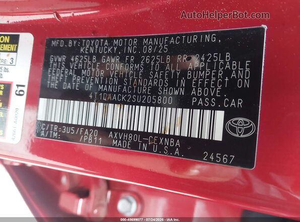 4T1DAACK2SU205800 2025 TOYOTA CAMRY Red Вид підкапотного простору