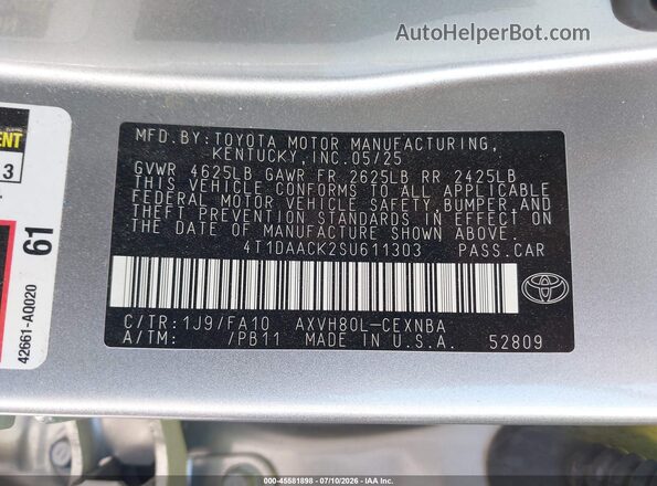 4T1DAACK2SU611303 2025 TOYOTA CAMRY Silver Вид підкапотного простору