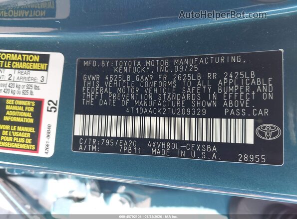 4T1DAACK2TU209329 2026 TOYOTA CAMRY Blue Вид підкапотного простору