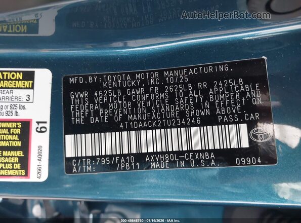 4T1DAACK2TU234246 2026 TOYOTA CAMRY Green Вид підкапотного простору