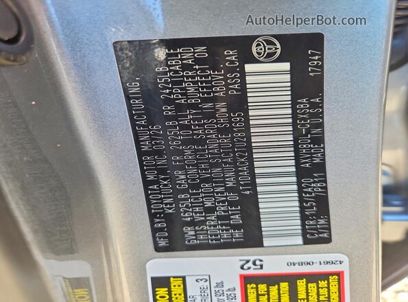 4T1DAACK2TU281695 2026 TOYOTA CAMRY Silver Widok naklejki z numerem VIN
