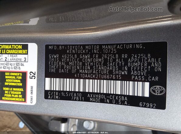 4T1DAACK2TU667615 2026 TOYOTA CAMRY Gray ძრავის განყოფილების ხედი