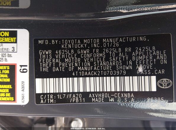 4T1DAACK2TU703979 2026 TOYOTA CAMRY Синий Вид подкапотного пространства