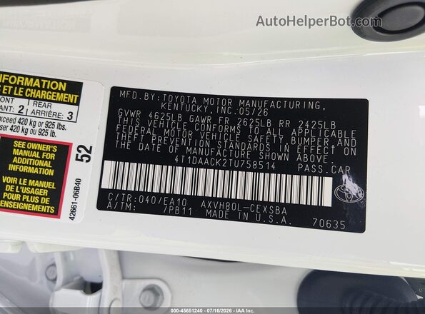 4T1DAACK2TU758514 2026 TOYOTA CAMRY White Engine compartment view